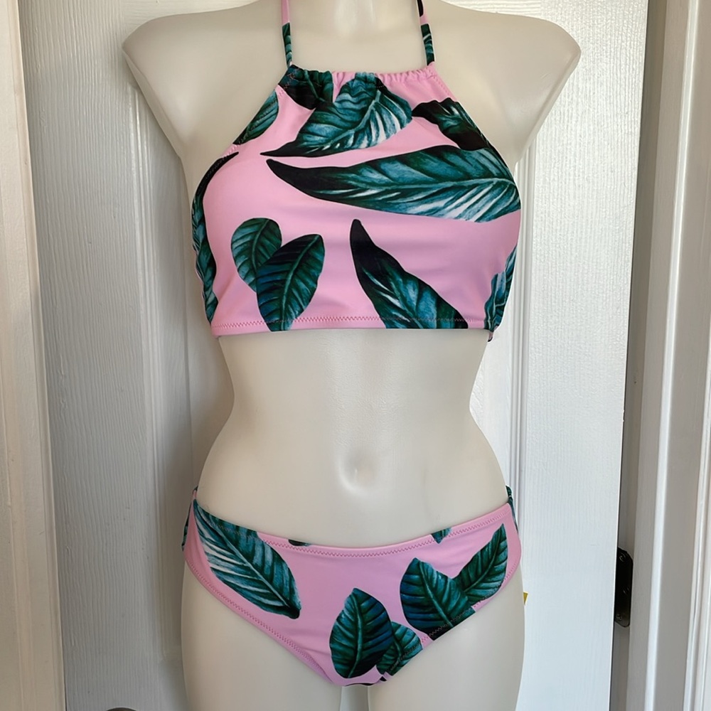 EKOUAER HIGH NECK HALTER TOP BIKINI SWIM SUIT PINK GREEN BLUE Sz Medium - Picture 3 of 9